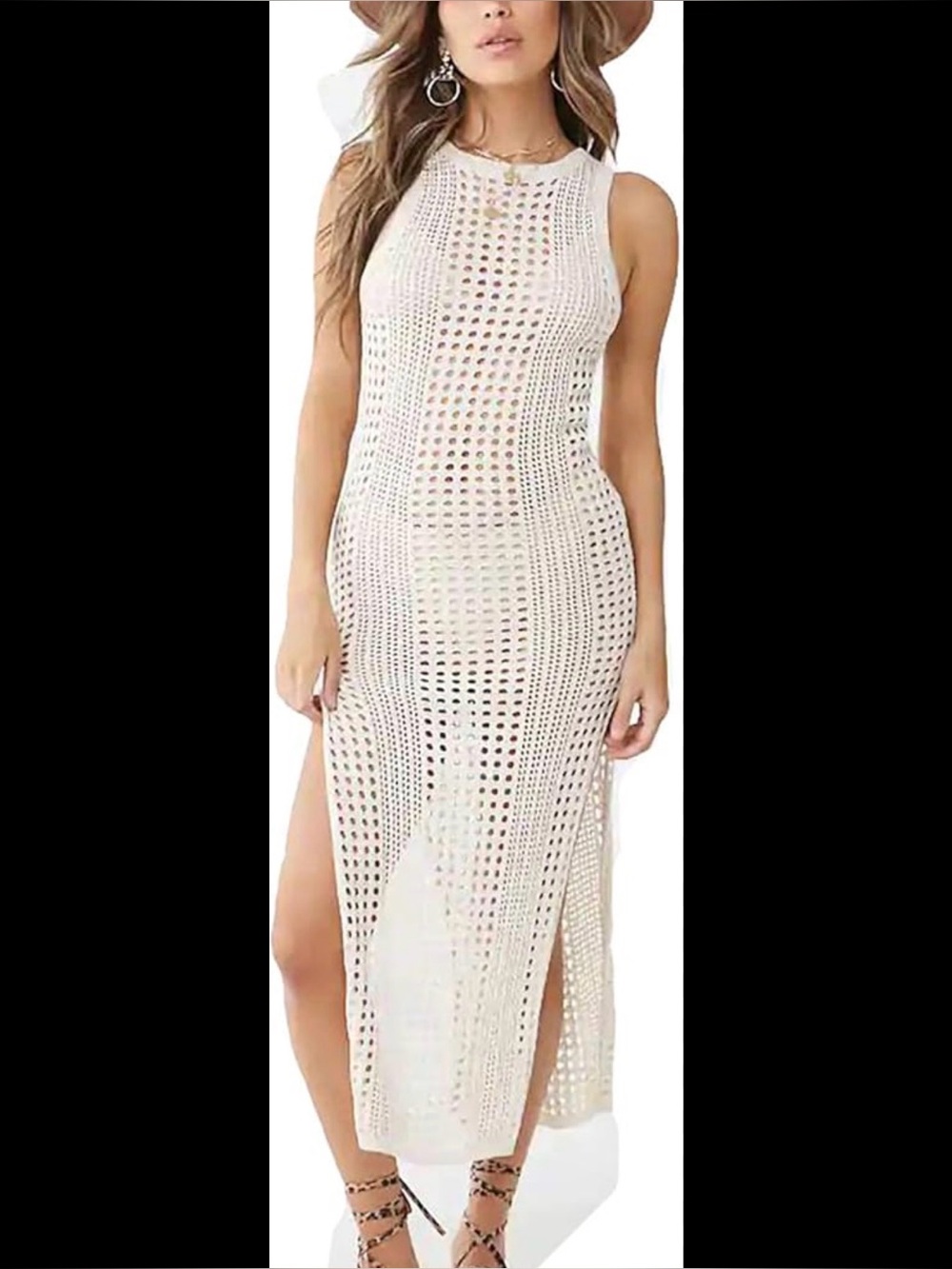 Cream Crochet Knit Sleeveless Midi Dress